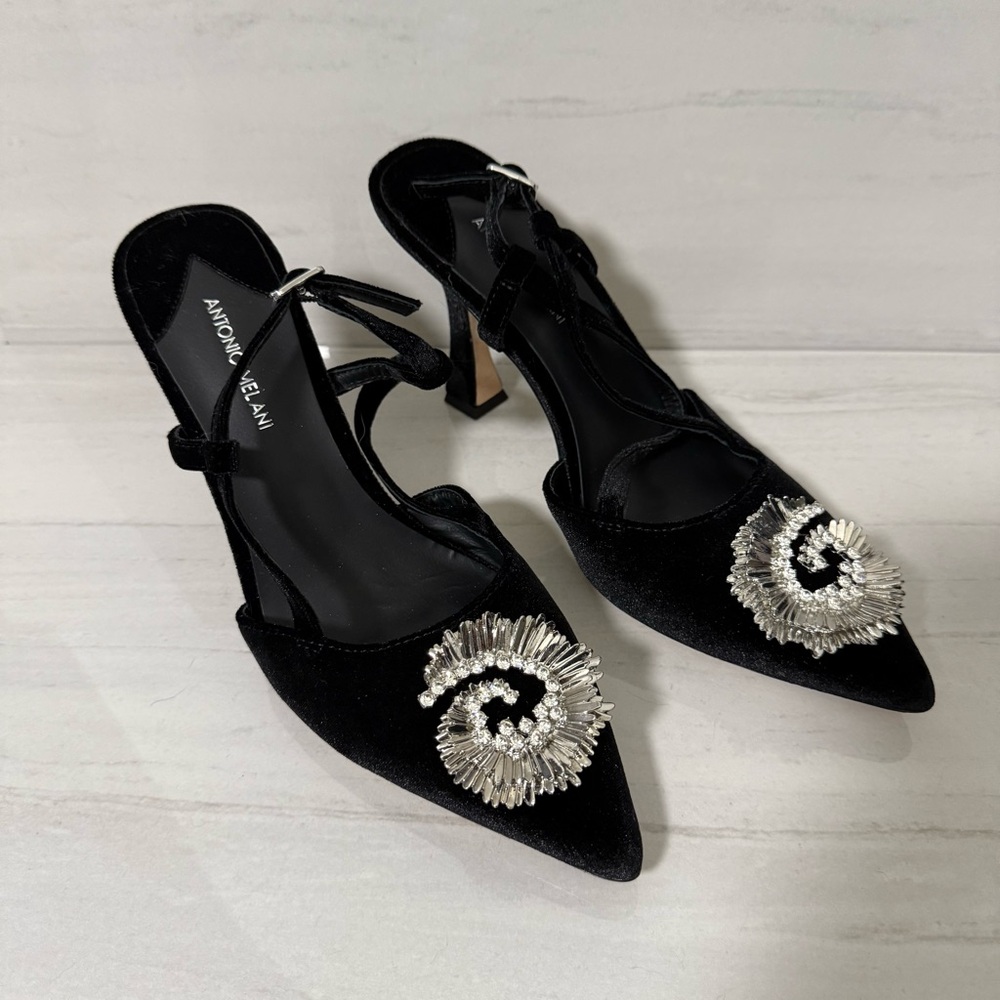 Antonio Melani Black Velvet Embellished Heels Elegant Strappy Pointed Toe Pumps
